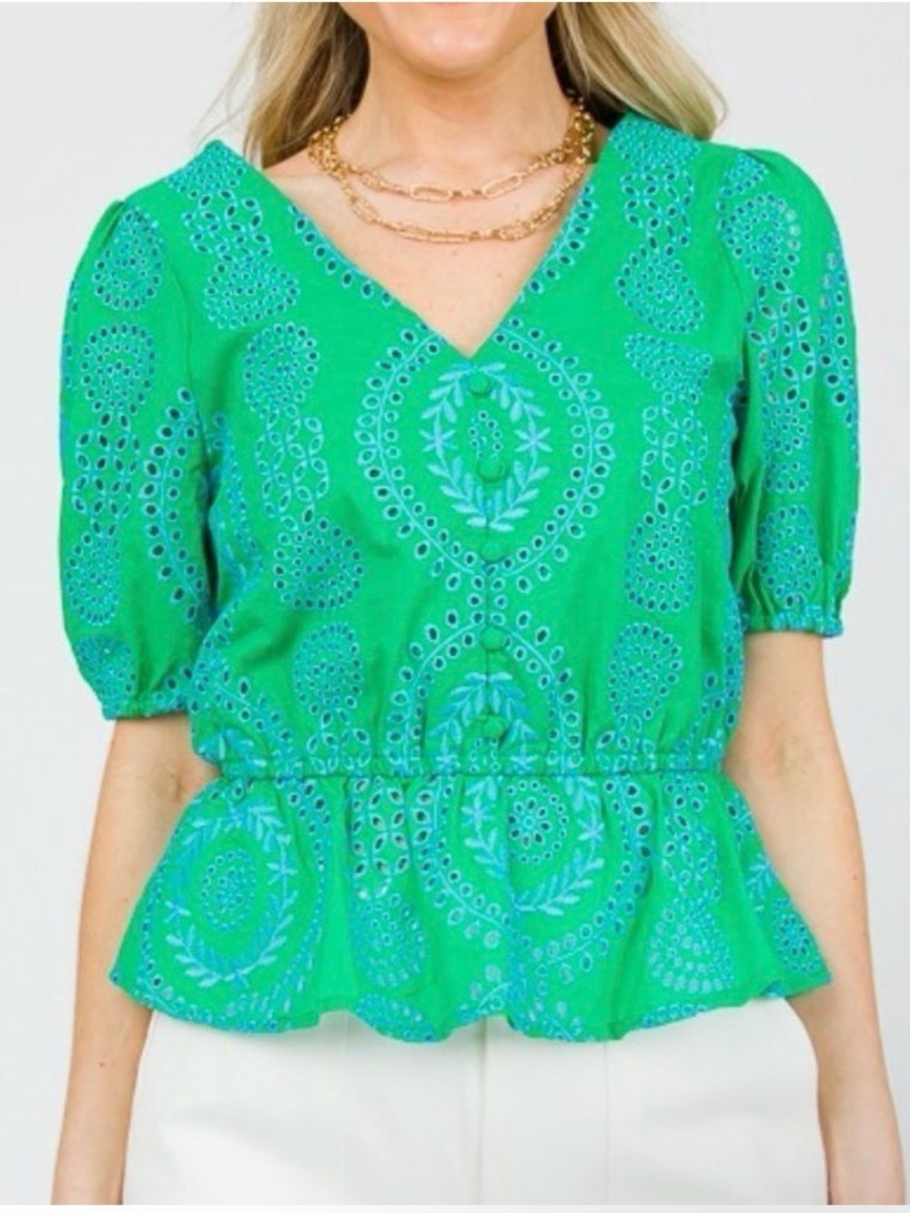 Skies Are Blue Green Eyelet V-Neck Peplum Blouse